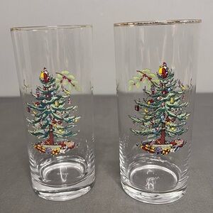 VTG Spode Set Of 2 Christmas Tree Highball Glasses 6.25” Holiday Farmhouse